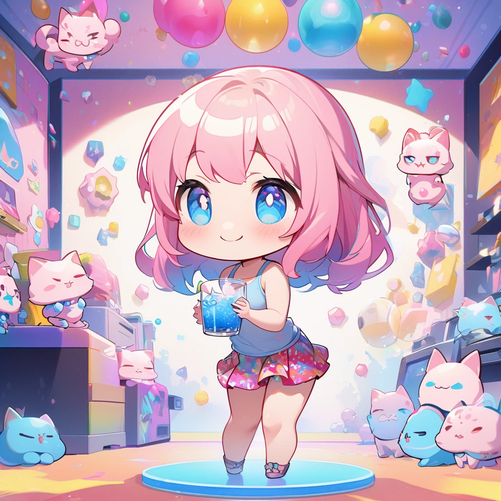 masterpiece、Highest quality、Depth of subject、２D illustration、1 beautiful girl、独奏, (((chibi style)))、Long, beautiful hair、Shiny pink hair、cute、Beautifully detailed eyes、((Tank top))、a glass of blue soda, ((colorful))、mini skirt、((happy smile))、((kitten cluster)), ((full body shot))、((in the room))、((There&#39;s a lot of pink around))、Thighs、((vivid color))、sparkle、((Lens flare))、
