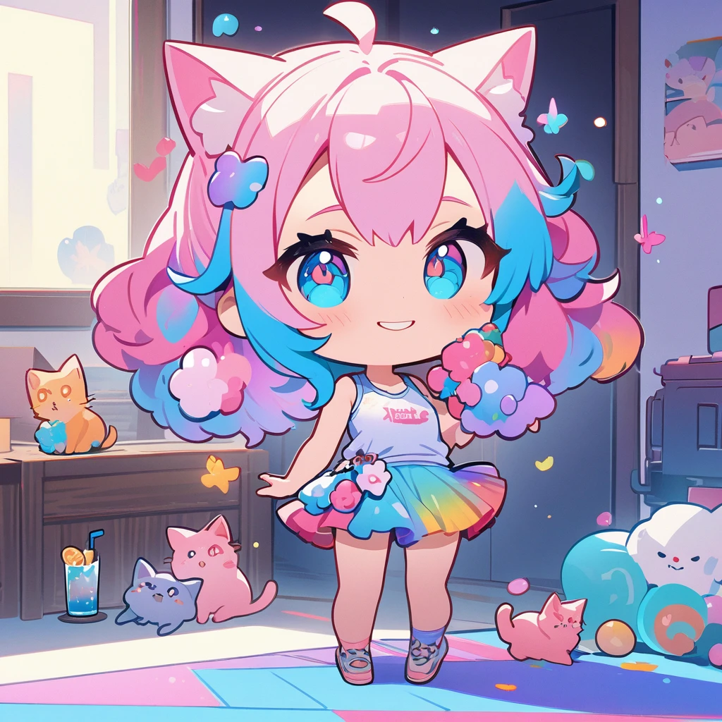 masterpiece、Highest quality、Depth of subject、2D illustration、1 beautiful girl、独奏, (((chibi style)))、Long, beautiful hair、Shiny pink hair、cute、Beautifully detailed eyes、((Tank top))、a glass of blue soda, ((colorful))、mini skirt、((happy smile))、((kitten cluster)), ((full body shot))、((in the room))、((There's a lot of pink around))、Thighs、((vivid color))、sparkle、((Lens flare))、
