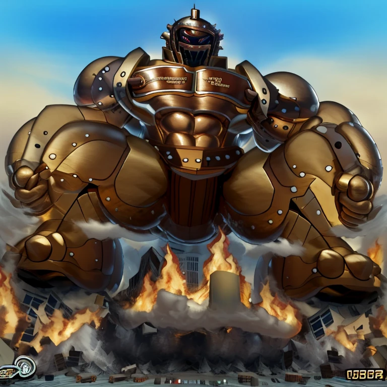 SOLO (masterpiece. official art. 8k. best quality. detailed full body. full body.)
(situation 1 : dominating Armored Flazzard. Armored Flazzard is over 1000 meters long. focus GIANT mechanical Muscular Armored Flazzard is trampling the city. Looking down. macro. stomp. Low-angle perspective. emphasizing the immense size.)
(situation 2 :smoke and flames rising from the destruction in the city)
(Additional details 1: real texture material. whole body shines like metal. emphasizes the muscles. suit fully made of metal.).
(Additional details 2: Detailed head. Detailed Body. Detailed abs. gigantic muscles. HYPER MUSCLES. Gigachad Muscular. big muscle. pecs. triceps. traps. unusually developed muscular body. body full of huge muscles. showing off muscles. pectorales enormes. Exaggeratedly huge muscles. huge muscles. long legs.).