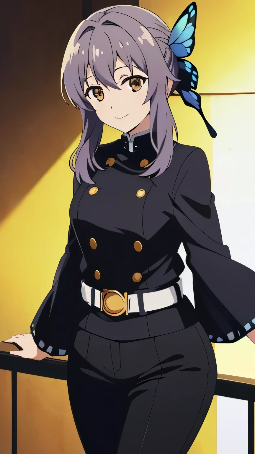 (masterpiece, best quality, high resolution, 8k),anime art style, Shinoa, 1 girl, dark brown eyes, medium breasts, smile, hair ribbon, (butterfly hair ornament,  haori, wide sleeves, long sleeves, black pants, black jacket, belt:1.2), alone, standing,dynamic Angle cowboy shot,