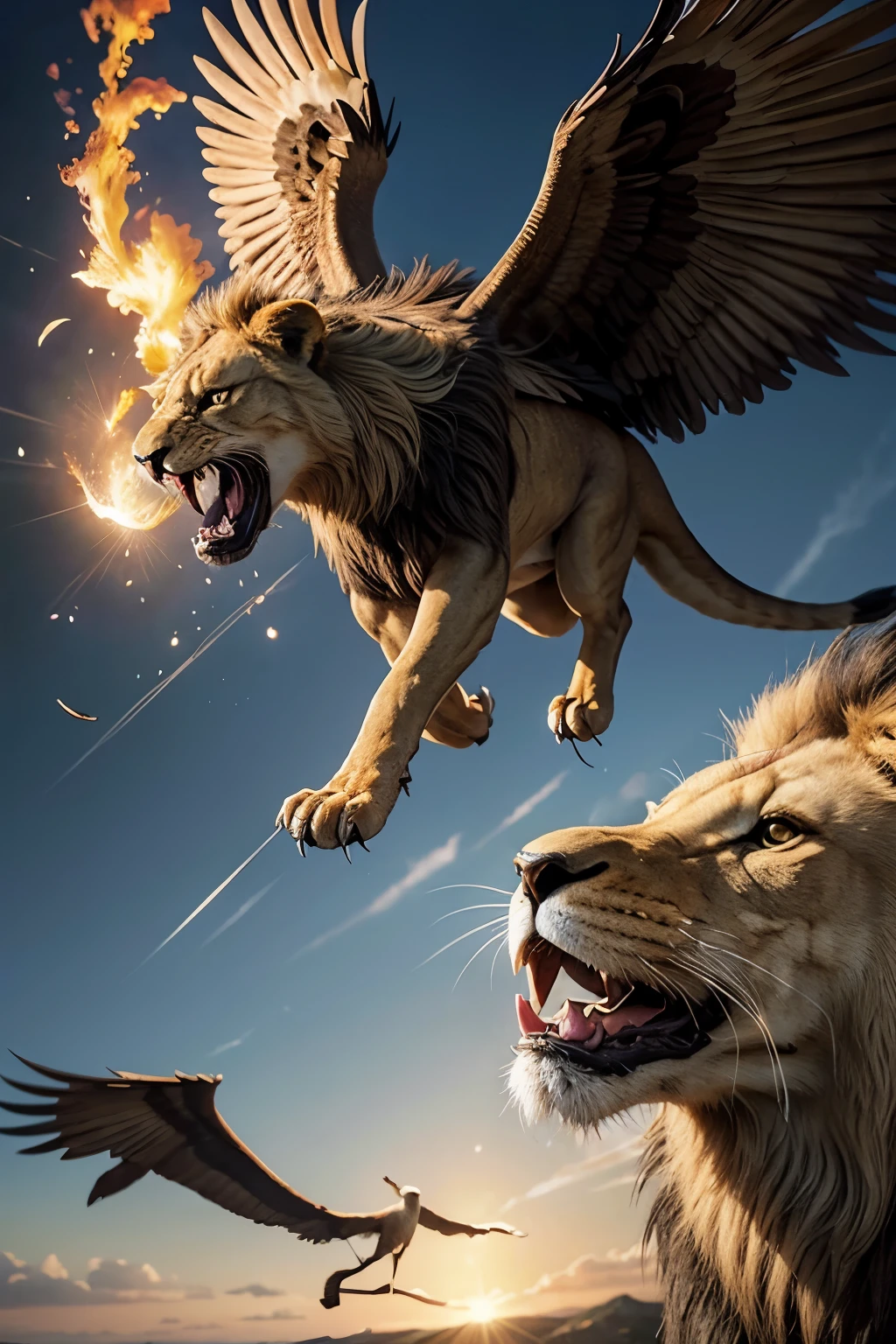 Realistic art of a phoenix defeating a lion