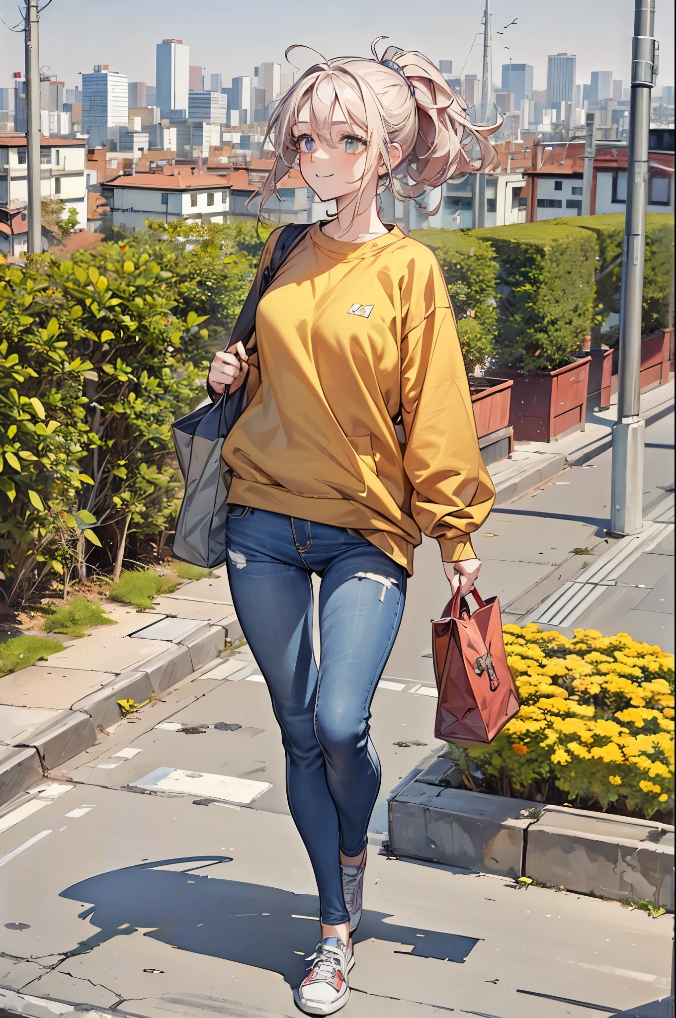 (masterpiece), (high resolution 8K), professional illustration, 1 girl, late teenage, walking, full body, bird's eye view, sweatshirt, jeans, , ponytail, smile, looking away, cityscape in Tokyo, morning, in summer, natural lighting, stunning face, detailed eyes and face,carry a bag