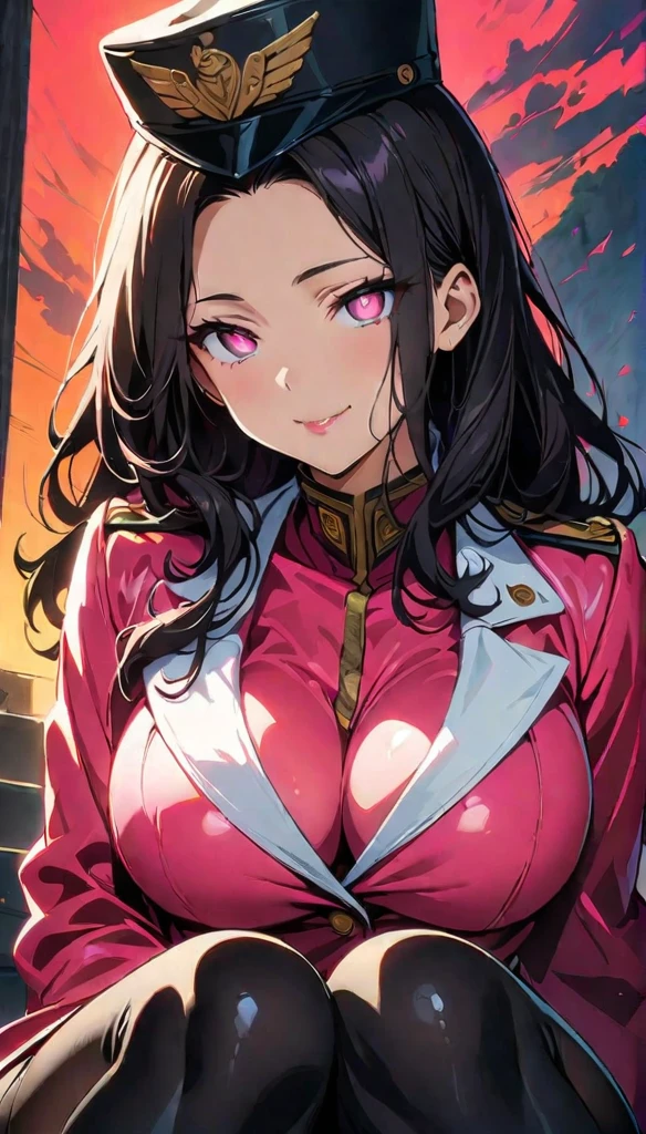 (highest quality:1.2,evil lady, anime artwork, Very detailed, High Detail, digital coloring, High Contrast, masterpiece:1.2, highest quality, Best aesthetics), 8k,masterpiece, cute,tall,beautiful,best quality, 1lady,black hair,long hair,empty eyes, (finely detailed empty pupils and detailed face),,,,extremely detailed cg unity 8k wallpaper,solo,(latex military costume:0.9),large breasts,seductive smile,military hat,latex thighhigh,large breasts,black hair,pink eyes,pink leotard,pantyhose,military coat,enamel suits,grossy lips,sitting,bust shot,sadistic smile,,heel,shiny skin,military coat,detailed face,beautiful body,full-body,adult,
