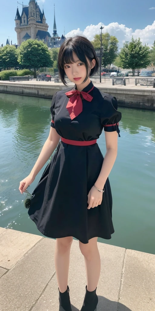 (masterpiece,newest,exceptional:1.2), anime,1girl,bangs,black_hair, beautiful 8k eyes,blue_sky,bridge,building,castle,city,cityscape,cloud,day,dress,looking_at_viewer,outdoors,red_neckwear,red_ribbon,ribbon,river,short_hair,short_sleeves,sky,skyscraper,solo,standing,town,water