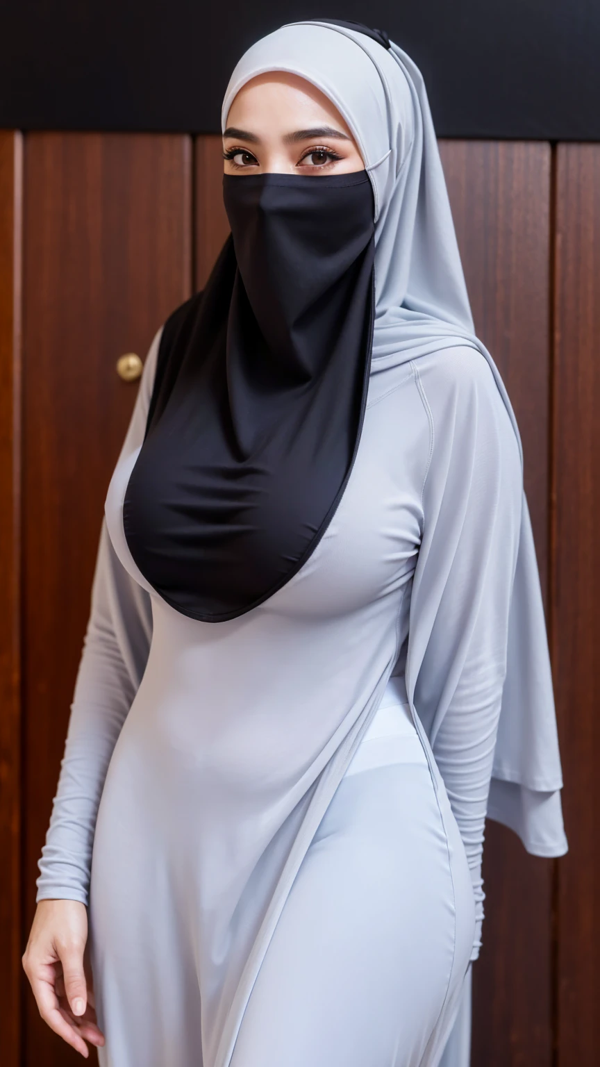 hd,high quality,4k,hyper realistic,masterpiece,((boobs)),((PANTIES)),((tshirt)),((blank background)),low lighting,(()),((night time)),((standing)),detail,hijab,niqab,face cover niqab,purdah