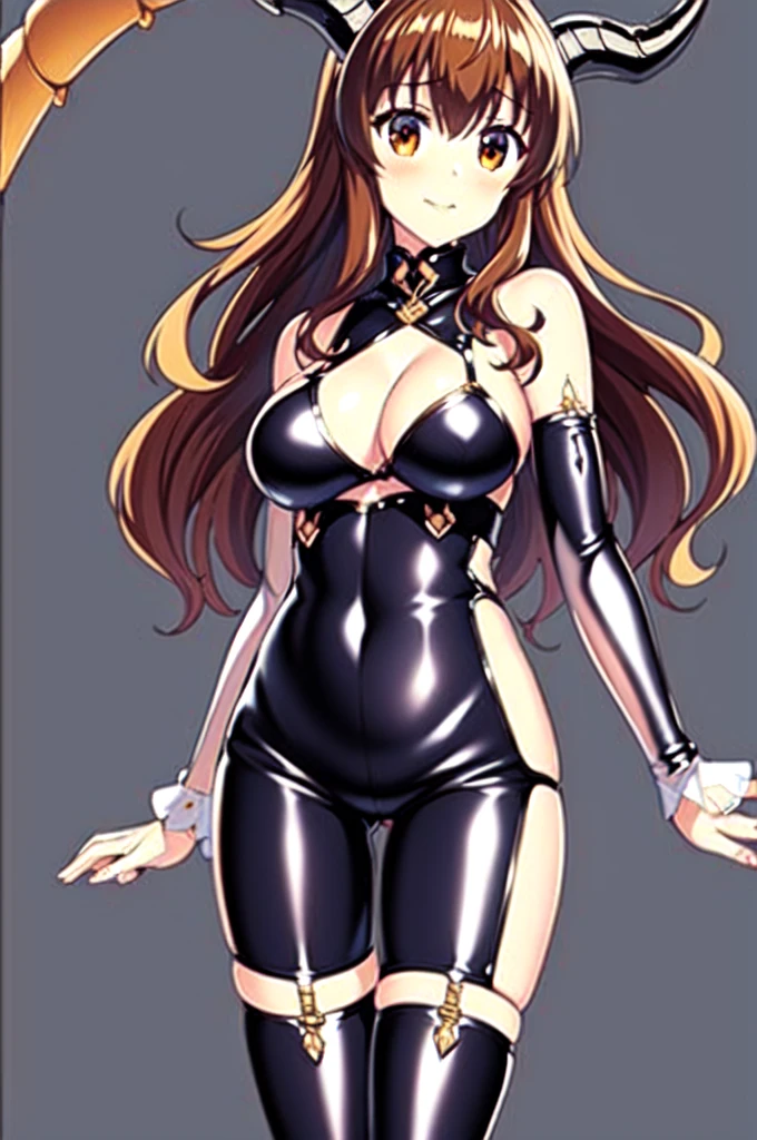 1girl,solo,cowboy shot,standing,(brown hair:1.4),long hair,ahoge,hairs between eyes,curly hair,(brown eyes:1.4),(beautiful fingers:1.4),(perfect anatomy:1.4),(arms_behind_back:1.6),(cold_shoulder:1.2),(latex luster shiny glossy metallic:1.6),(shiny_clothes:1.6),masterpiece,best quality,(Ultra high definition eyes:1.2),8k,(Beautiful detailed eyes:1.2),(Fine and beautiful eyes:1.2),(pretty eyes:1.2),finely detail,extremely CG, absurdres,high resolution,illustration,Detailed and beautiful outlines,finely detail,high resolution,(colorful refraction:1.4,Increase saturation:1.2),beautiful lighting,dynamic lighting,closed room,black background,simple background, smile,looking at viewer,shamiko,(horns:1.6),(white Clear PVC sheets sleeves:1.4),(sheer sleeves:1.4),(see-through sleeves:1.4),(wide sleeves:1.2),(purple thigh boots:1.2)
