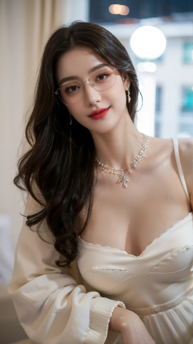(Canon RF85mm f/1.2), (8K, original photo, best quality), (masterpiece), (Practical, photograph Practical), (Extremely detailed, High Detail, Best image quality, Very detailed, high resolution, Very detailed, Extremely detailed的描述, very good, Extremely exquisite and beautiful work), Beautiful and delicate girl, full body, Pantyhose,((Perfect body)), Very detailed eyes and face, White skin, Noble and beautiful, ((Delicate skin texture, Pores)), Perfect anatomical structure, Beautiful body, Delicate face, Slim abdominal muscles, Slim waist), Big Ass, (Large Breasts, Breast enlargement), (Soulful gaze, soulful eyes, Glowing eyes), (Beautiful clear eyes), (Bounce Curly Messy Long Hair), (Smile:1.2), (Fascinated expression), (Beautiful appearance), ((Cardigan,Wedding dress)), ((Tight Fit)), ((bud)), ((wear glasses)), earrings, necklace, ((night)), ((Street View, moonlight)), Physically Based Rendering, Realistic lighting, ((Looking at the audience)), ((Everlasting)), ((Happy and shy))