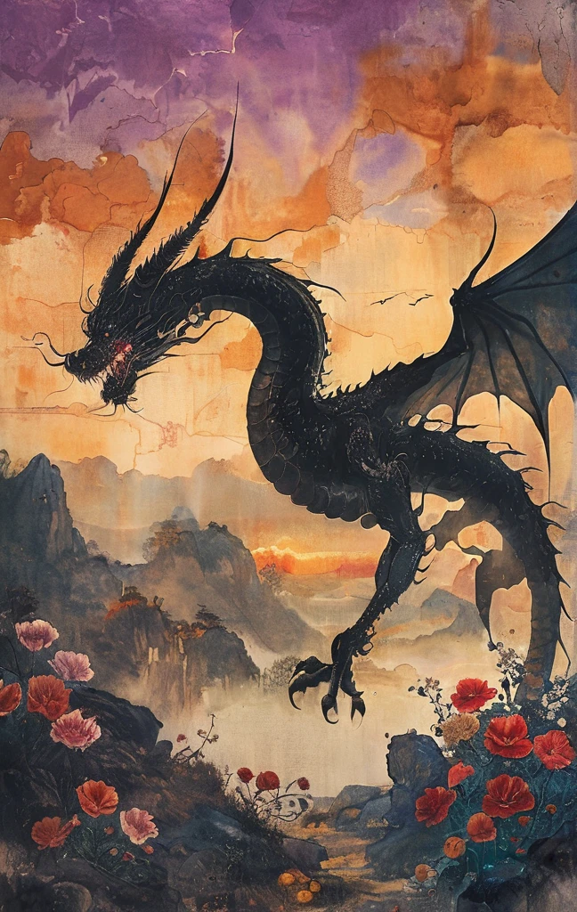 A white dragon lies in the middle of an endless field full of purple flowers, surrounded by snow-capped mountains and a blue sky sparkling with golden sunset rays. The whole scene is filled with a dreamy atmosphere, with vibrant colors and detailed background elements rendered in high resolution and detailed in a top quality illustration style. (Highest quality,4K,8K,High resolution,masterpiece:1.2),Super detailed,(Realistic,photoRealistic,photo-Realistic:1.37),Hot thick succubus mom with long black hair, deep black lips, She wears a revealing black leather outfit with BDSM themes.. Her outfit consists of a seductive bustier, accentuate her voluptuous figure. Her skin is a captivating shade of fiery red, Exudes a devilish charm. A pair of majestic demon wings gracefully grow from her back., Intricately detailed and intricately painted patterns. On her head, She has enchanted tiefling horns, Embodying her other-dimensional existence. The artwork should capture her captivating aura., Showing her confidence and strength. The lighting in the scene should accentuate the seductive curves of her body., Project dramatic shadows and highlights. The color palette should evoke a sense of darkness and desire., Rich black contrast, red, deep chestnut color.