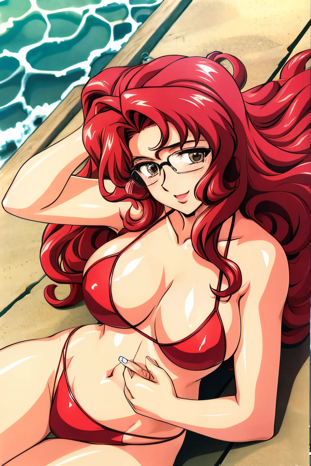 (best quality, masterpiece, highres:1.2),final romance,rukawa saya,large breasts,ruby hair,long hair,wavy hair,long hair,glasses,((bikini,beach,)),((lying,from above:1.5),mature female,lipstick,blush