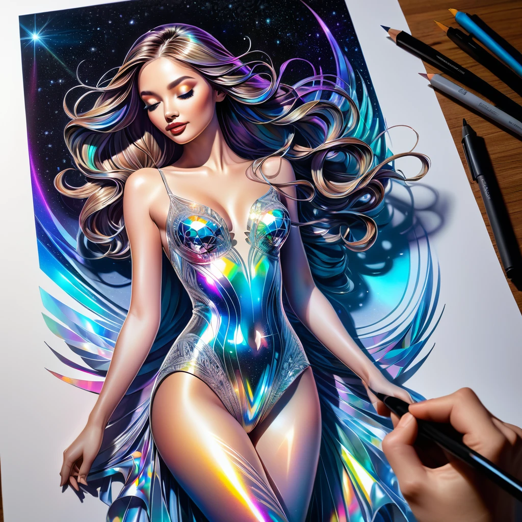 Draw a stunning and breathtaking 4D figure in UHD ink style, holographic effect that appears to come out of the drawing sheet, Extremely detailed design, hyperRéaliste, sublime details. A truly remarkable work, joyful and sensual work