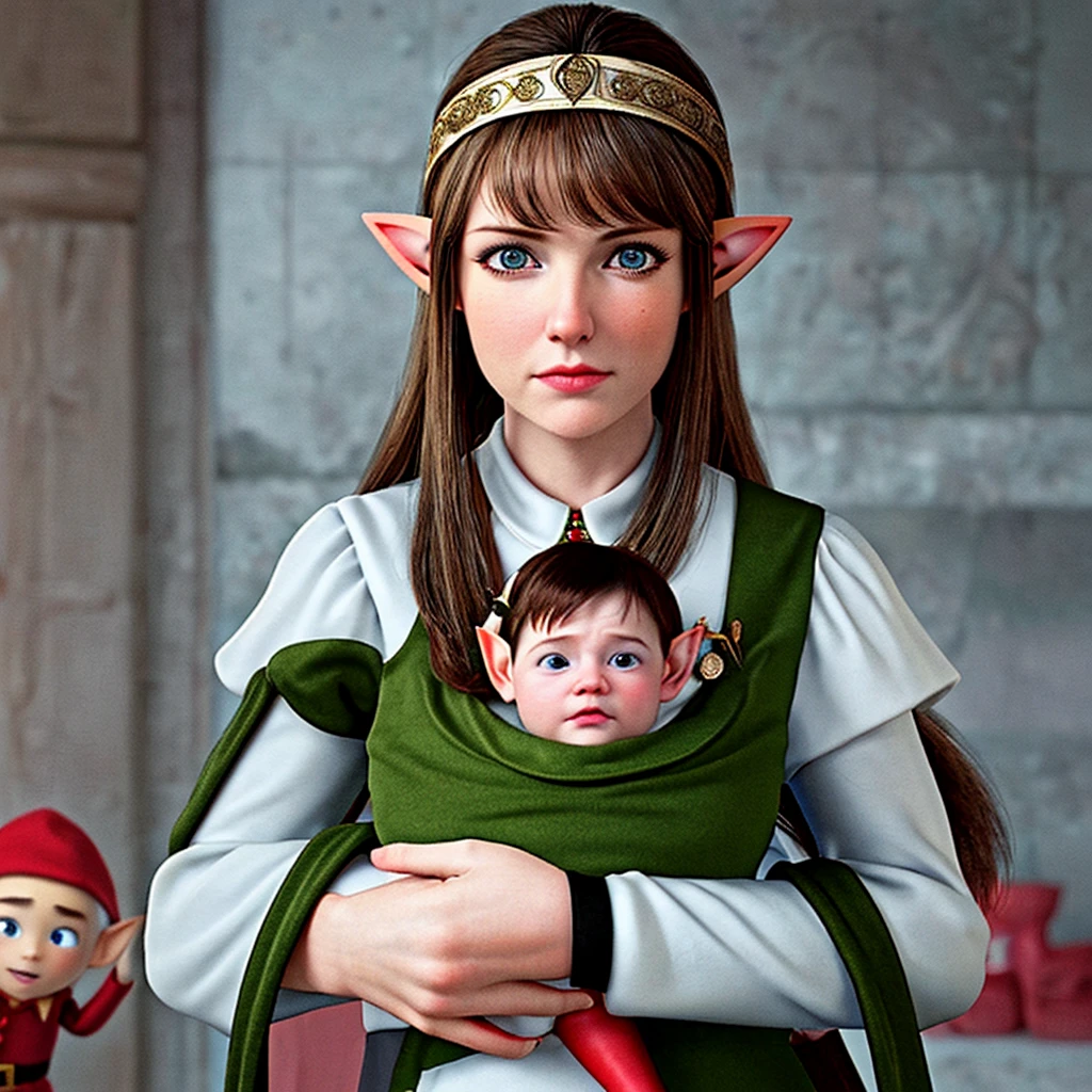 A white woman with brown hair holding an elf baby in her arms and in front of an angry elf man with black hair.