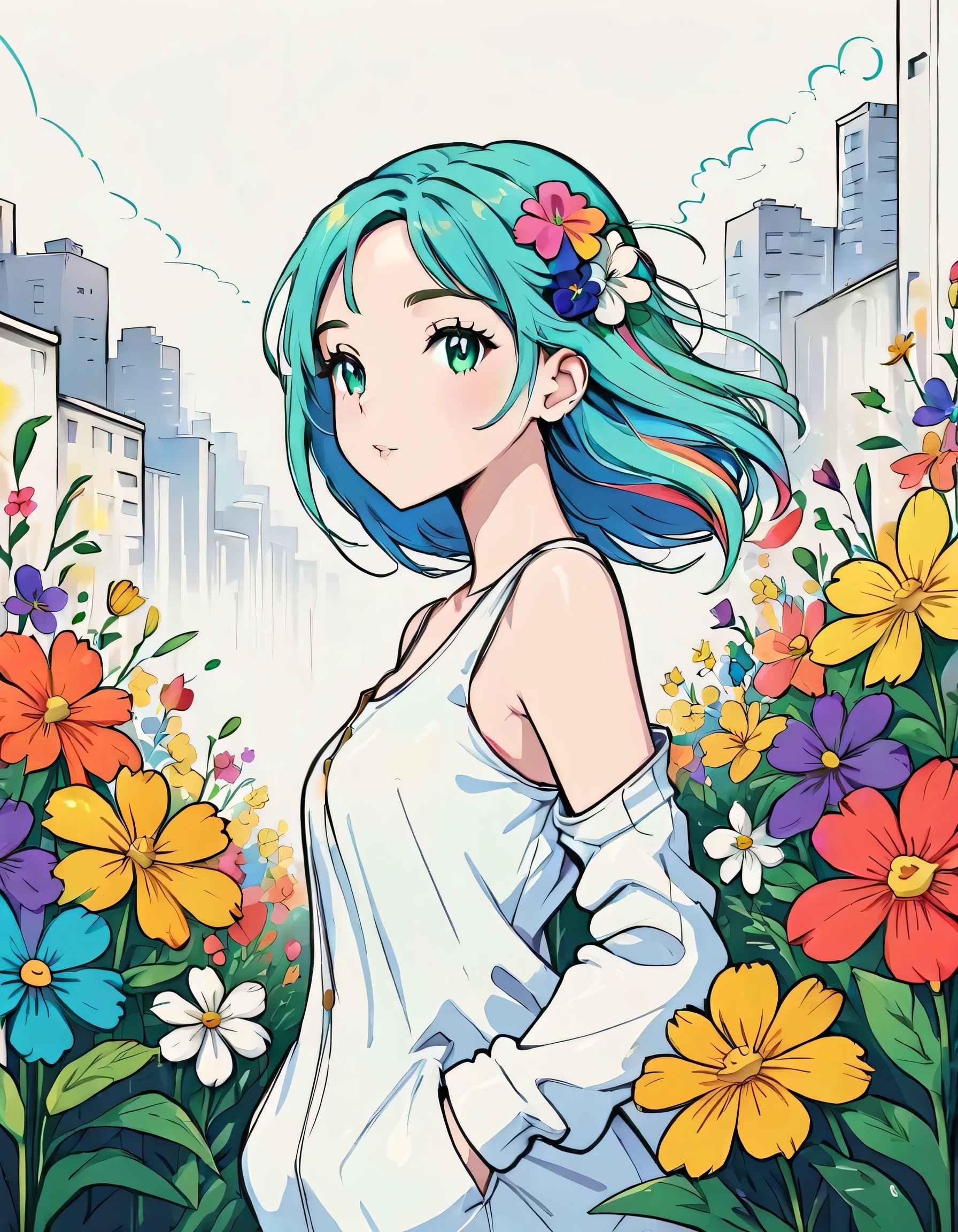 Mika Pikazo style, Simple Line Initialism，Abstract art，Urban Background, colorful flowers ,(((The most beautiful girl of all time))),