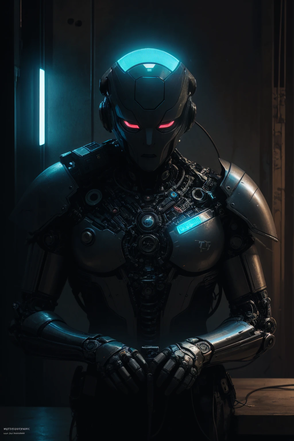 a robotic, metal body, neon lights on your body, cables, robotic mechanisms, dynamic pose, (Best Quality,4k,8k,high resolution,Masterpiece:1.2),ultra detailed,(realist,photorealist,photo-realist:1.37),cinematic lighting,Highly detailed mechanical parts,dynamic action pose,elegant metallic texture,bright neon reflections,intricate robotic features,advanced technology,futuristic cyberpunk,vibrant color palette