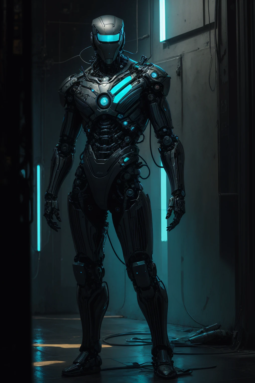 a robotic, metal body, neon lights on your body, cables, robotic mechanisms, dynamic pose, (Best Quality,4k,8k,high resolution,Masterpiece:1.2),ultra detailed,(realist,photorealist,photo-realist:1.37),cinematic lighting,Highly detailed mechanical parts,dynamic action pose,elegant metallic texture,bright neon reflections,intricate robotic features,advanced technology,futuristic cyberpunk,vibrant color palette