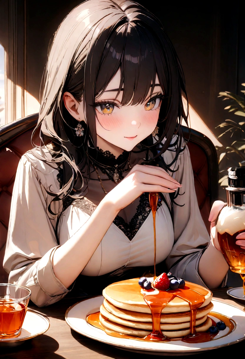 Pancakes with fruit,syrup, masterpiece,Highest quality,Professional photography,Detailing,8K,The background is white