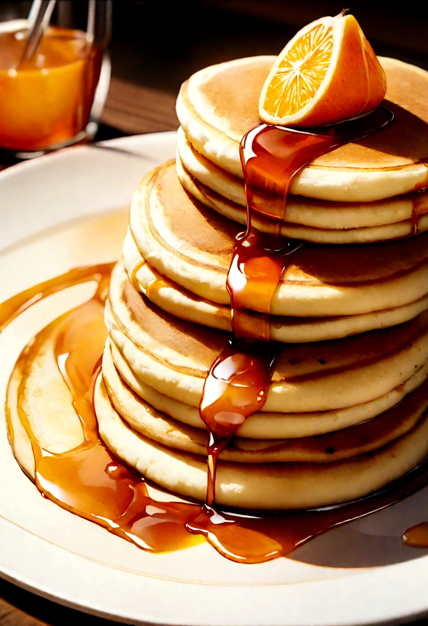 Pancakes with fruit,syrup, masterpiece,Highest quality,Professional photography,Detailing,8K,The background is white