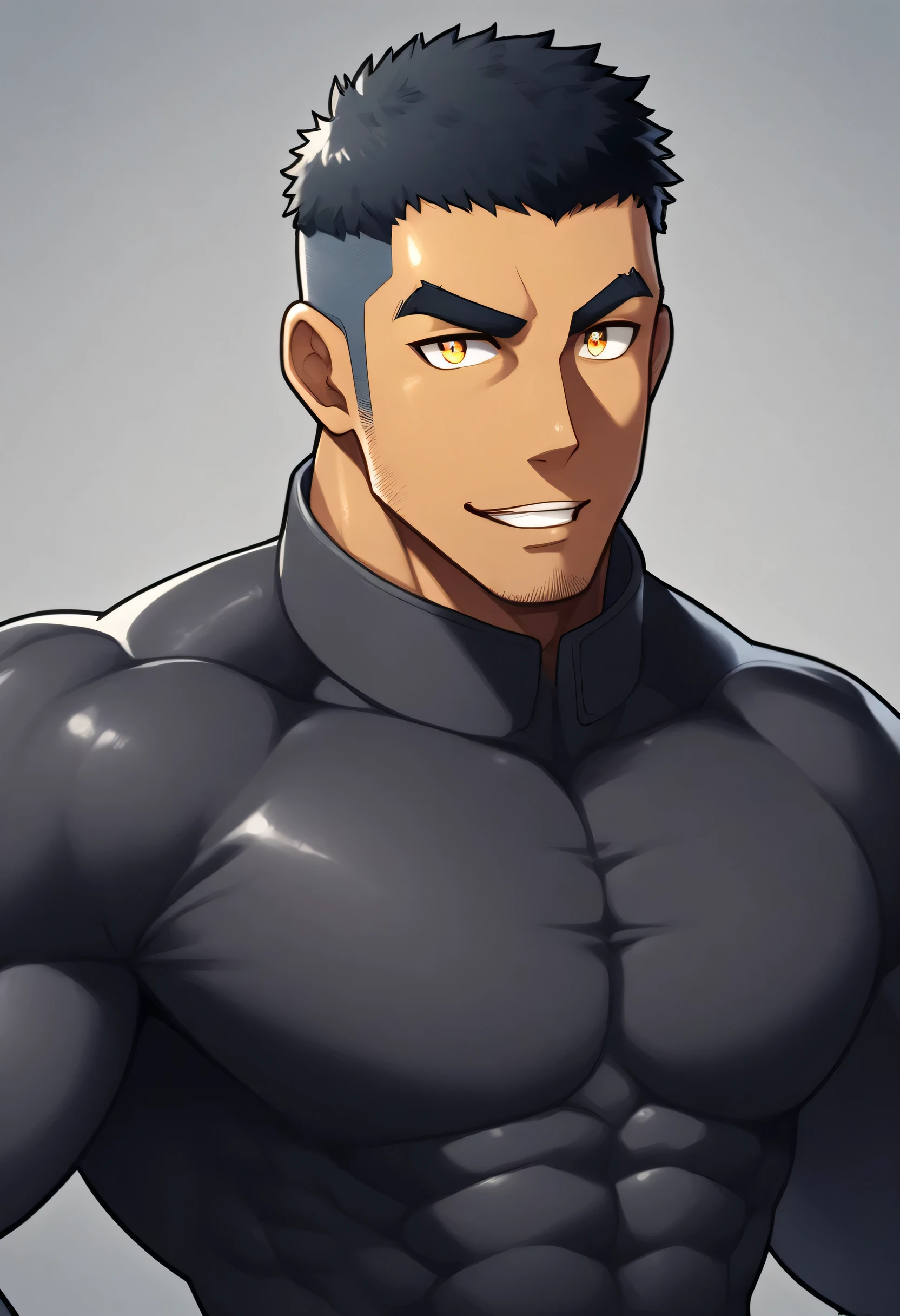 anime characters:Gyee, Muscle Sports Student, negro black skin, 1 dark skin muscular tough guy, Manliness, male focus, Dark grey high collar long sleeve wetsuit, Matte texture, Very tight, Round, full and perky chest muscles, Slightly transparent, muscular male, muscular, only, Upper body, alone, Black short hair, Thick eyebrows, stubble, Yellow eyes, Grey background, simple background, amazing quality, best aesthetics, Ridiculous, bright pupils, crew cut, parted lips, seductive smile, torogao, naughty face, drop shadow, best quality
