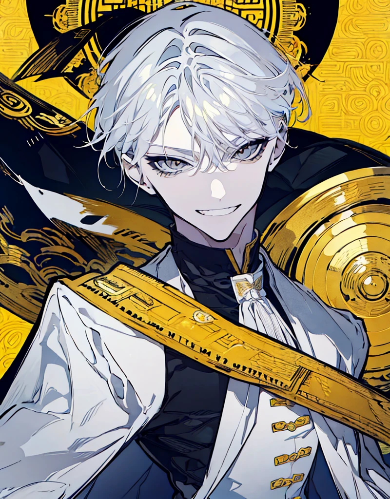 High resolution male Character portrait whole body White background Close ~ eyes Suspicious Laughter Lift the corners of your mouth tall Silver Hair Yellow Eyes Chinese style black clothes sunglasses smile Smoke Double teeth Grinning face