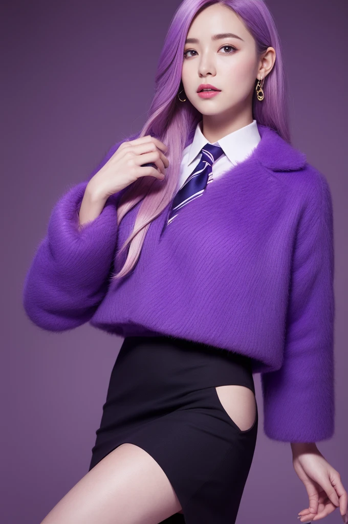 Reality, high resolution, 1 female, Hips up, beautiful eyes, purple gradient hair, Dark circles under eyes, Collared shirt,tie,Purple skirt, Pencil Skirt, Fur coat