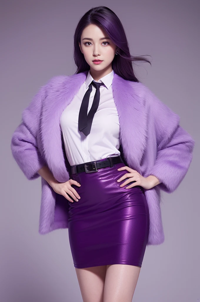 Reality, high resolution, 1 female, Hips up, beautiful eyes, purple gradient hair, Dark circles under eyes, Collared shirt,tie,Purple skirt, Pencil Skirt, Fur coat