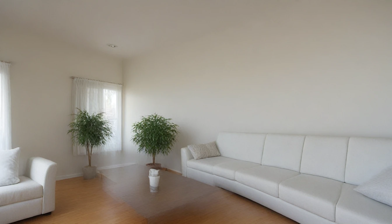 Describe a modern living room scene with a high level of detail, featuring a 16K resolution. The room is flooded with natural light in the evening, with a grand French entrance gate visible from the window. The room is decorated with a modern design, including a white wall and floor, a sleek high-sensitivity stereo set, and a wine glass on the table. A deep blue sofa is placed in the room, accompanied by white cushions and curtains. There is also a pendant light fixture and a small plant on the premises. The overall atmosphere is elegant and refined.