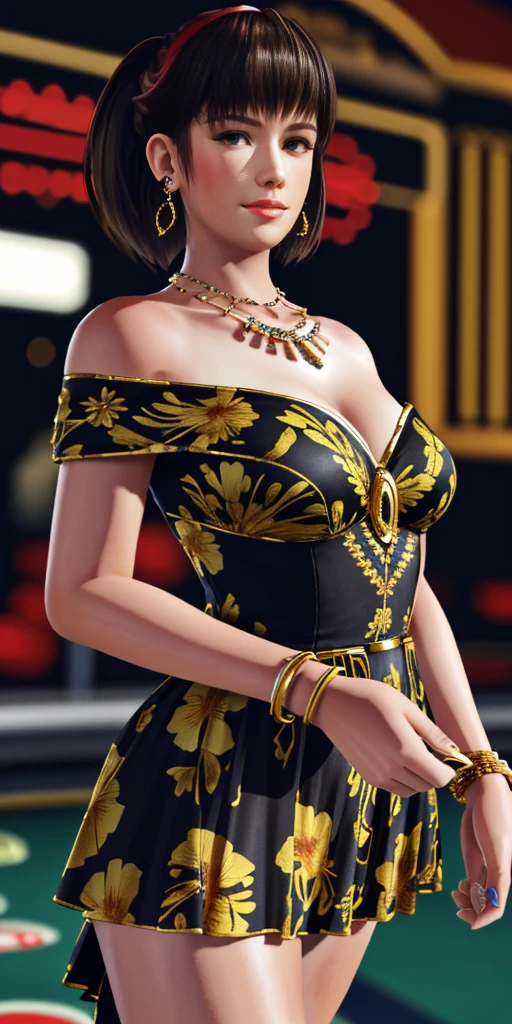 ultra realistic 8k cg, flawless, masterpiece, solo, 1girl , hitomi, casino, rich, dress, necklace, earrings, Off-the-shoulder