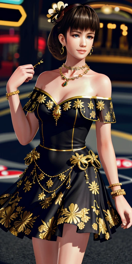 ultra realistic 8k cg, flawless, masterpiece, solo, 1girl , hitomi, casino, rich, dress, necklace, earrings, Off-the-shoulder