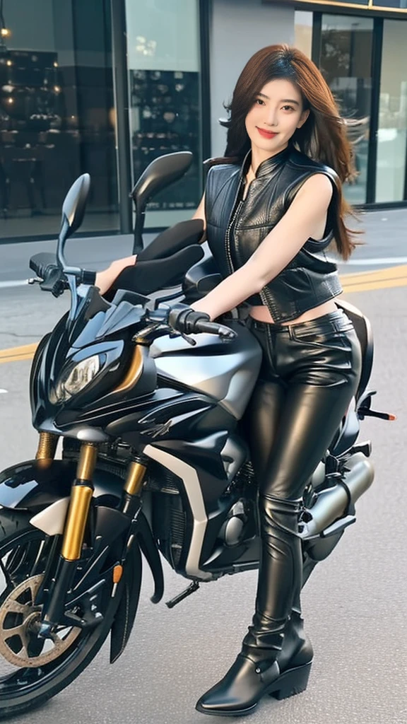 araffe woman in leather pants standing next to a motorcycle, leather clothing, wearing a full leather outfit, picture of a female Bicyclists, dressed in Bicyclists leather, leather clothes, motorcycle, Bicyclists, motorBicyclists, wearing leather, leather pants, leather, motorcycles, riding a motorcycle, Wearing a black short vest, sitting on a motorcycle