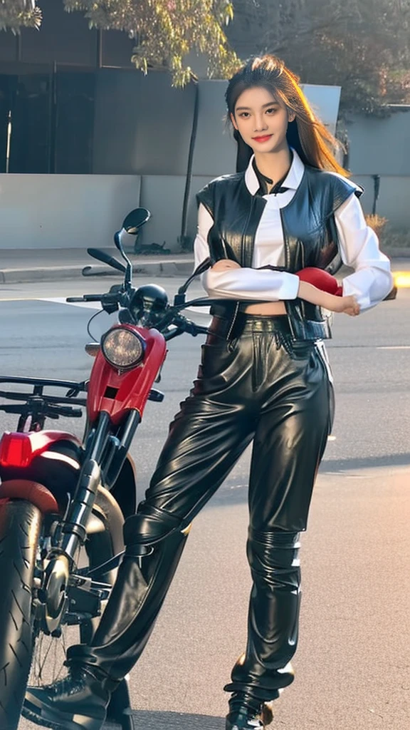 araffe woman in leather pants standing next to a motorcycle, leather clothing, wearing a full leather outfit, picture of a female Bicyclists, dressed in Bicyclists leather, leather clothes, motorcycle, Bicyclists, motorBicyclists, wearing leather, leather pants, leather, motorcycles, riding a motorcycle, Wearing a black short vest, sitting on a motorcycle