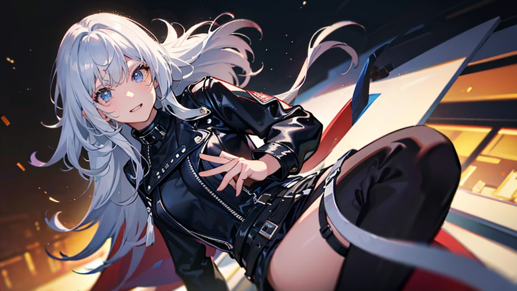 A cute and playful girl with silver fluffy hair wearing a leather jacket, highly detailed, masterpiece, best quality, 4k, 8k, ultra-detailed, realistic, photorealistic, HDR, UHD, studio lighting, ultra-fine painting, sharp focus, physically-based rendering, extreme detail description, professional, vivid colors, bokeh