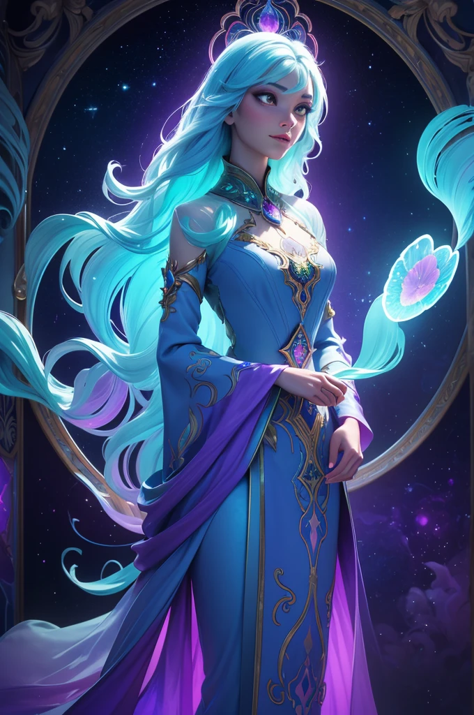 1 Girl, long_hair, bright_hair_color, Tempting_Eye, mystery_Express, Mature_appearance, Glamorous_full outfit, flow_skirt, elegant_Jewelry, Wheels within wheels_decorate, magic_symbol, Luminescence_Accessories, potion, reel, Lovely_accent, bow, ribbon, Flowers,