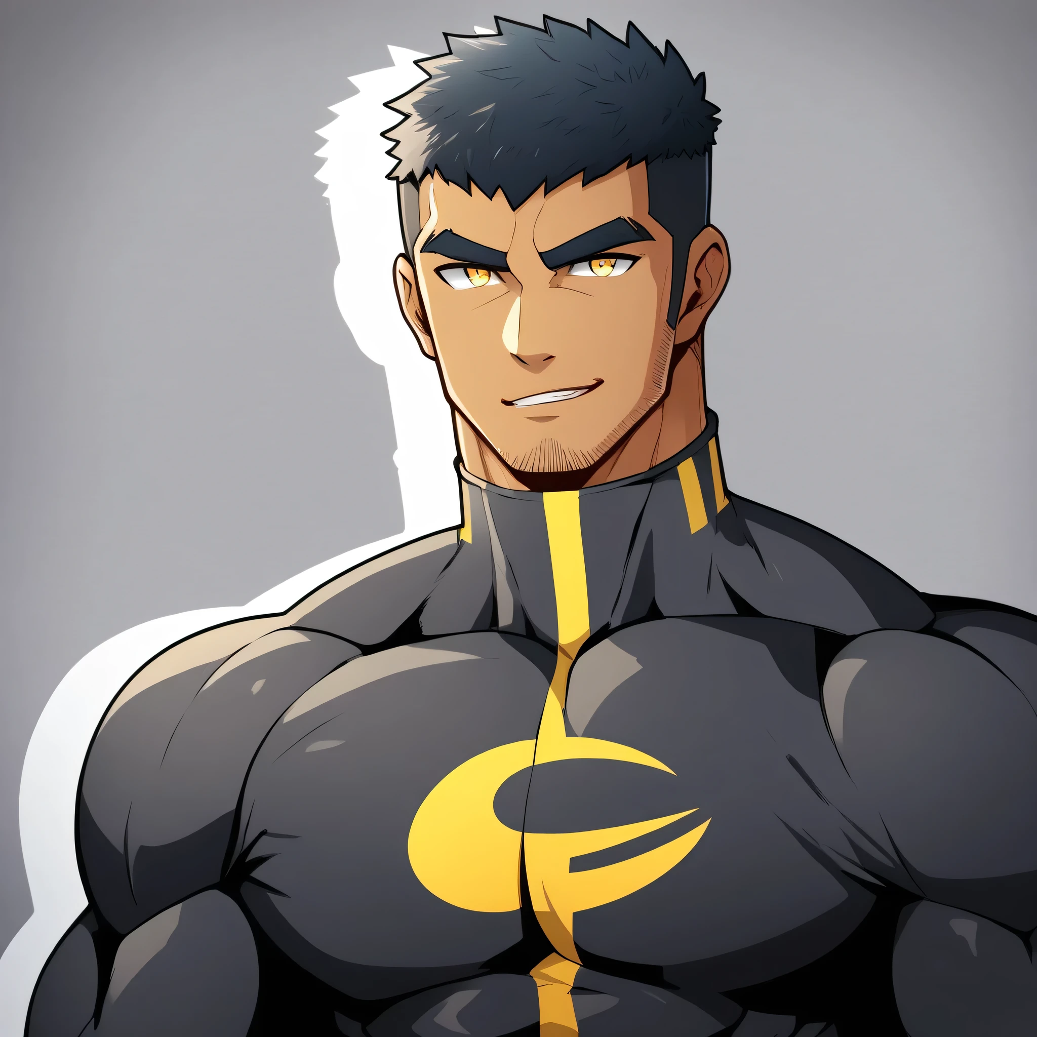 anime characters：Gyee, Muscle Sports Student, negro black skin, 1 dark skin muscular tough guy, Manliness, male focus, Yellow and black striped high collar long sleeve tight T-shirt, Slightly transparent material, Very tight, Round, full and perky chest muscles, Slightly transparent, muscular male, muscular, only, Upper body, alone, Black short hair, Thick eyebrows, stubble, Yellow eyes, Grey background, simple background, amazing quality, best aesthetics, Ridiculous, bright pupils, crew cut, parted lips, seductive smile, torogao, naughty face, drop shadow, best quality