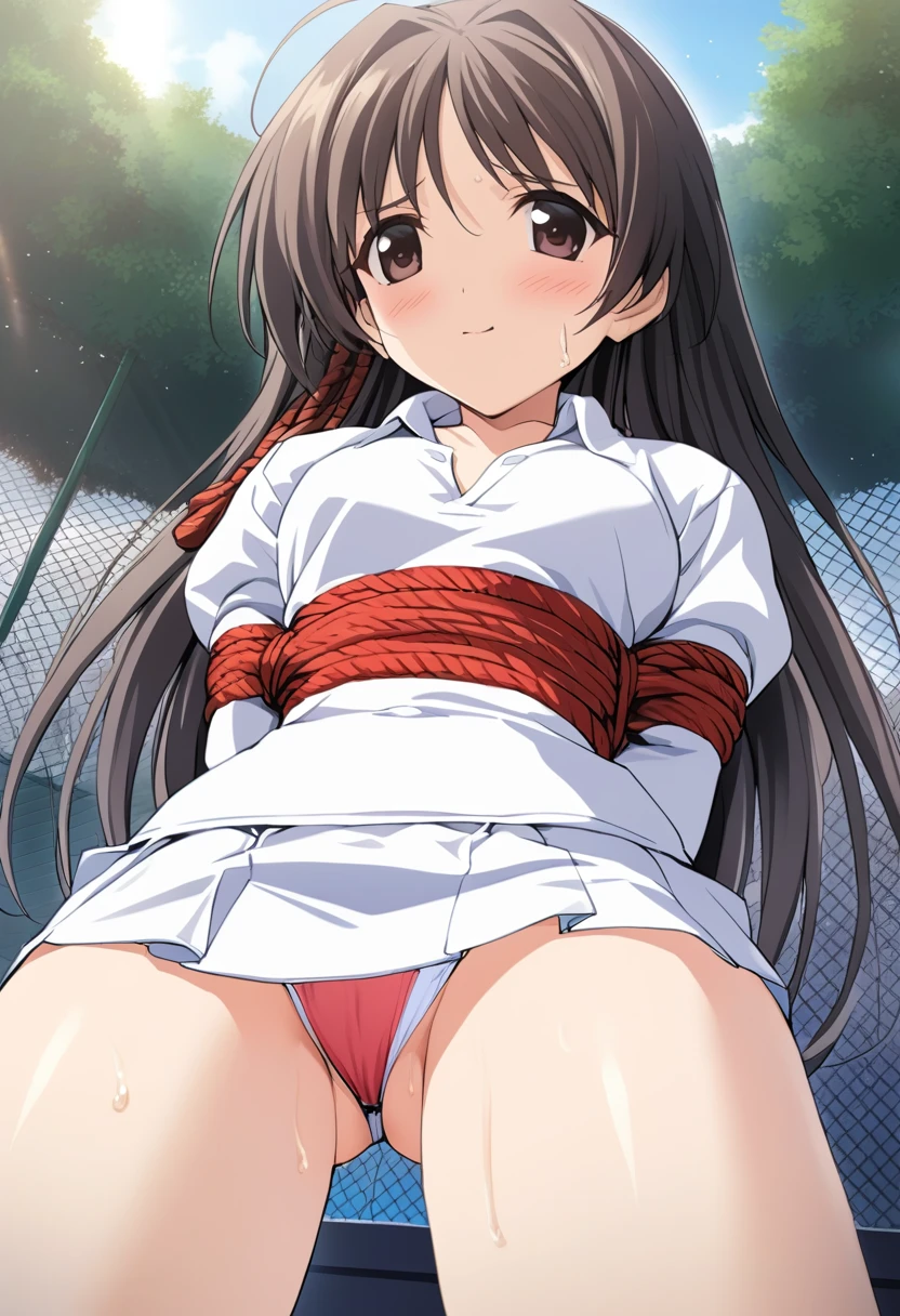 One girl,((Hotaru)),smile、Gentle expression,slender body,ideal ratio body proportions,,arms behind back,squatting,spread legs:1.3,training、blush,,(White tennis wear、body-conscious、white tight polo shirt、white tight mini skirt、((restrained,red rope)),Sexy string panties,panty shot,upskirt,sweat:1.3),outdoors、from below,Tennis court、A complete depiction of the human body,masterpiece, Highest quality, Game CG, ultra detailed、highres、extremely detailed CG