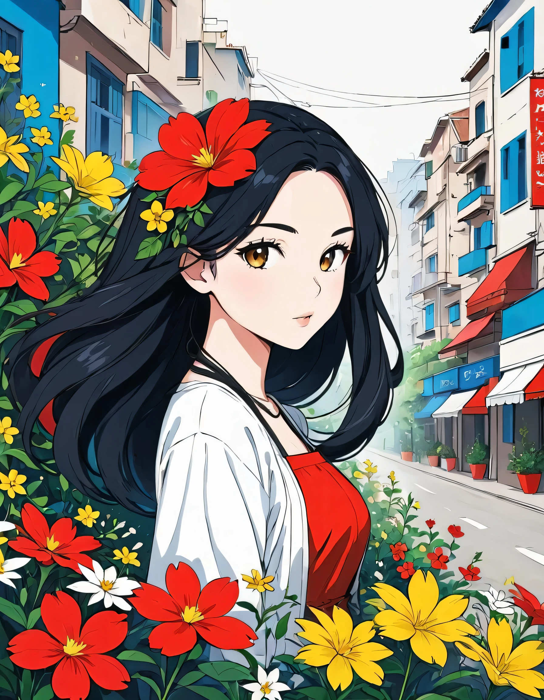Black Star Red and White style, Simple Line Initialism,Abstract art,Urban Background, colorful flowers ,(((The most beautiful girl of all time))),