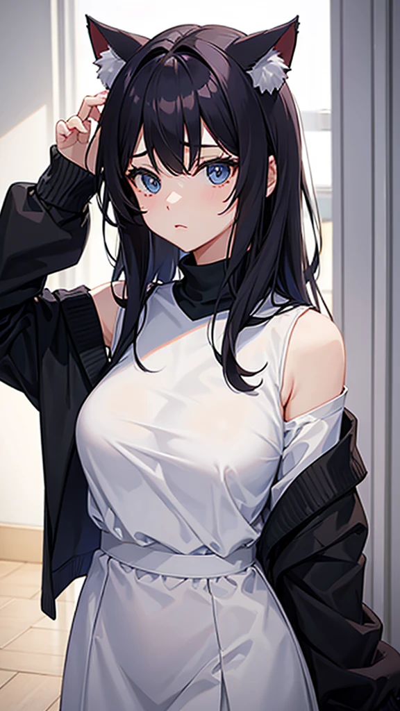 beautiful girl、Cat ear、Turtleneck shirt、Off the shoulder、Pinhole on chest