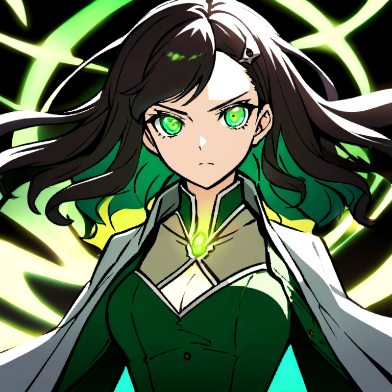 Serena is a young woman with long, dark hair that cascades over her shoulders.. His eyes are a deep green, that seem to glow with intensity when she is concentrated. She has a striking presence, alta e esbelta, with a confident posture that reflects your determination.