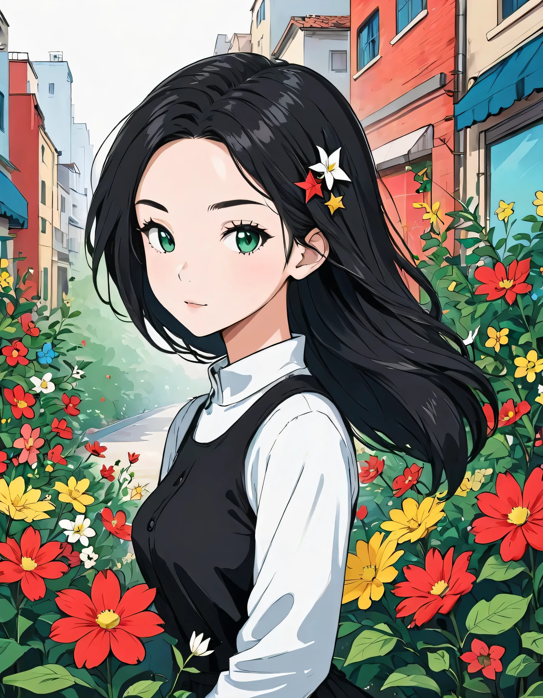 Black Star Red and White style, Simple Line Initialism,Abstract art,Urban Background, colorful flowers ,(((The most beautiful girl of all time))),