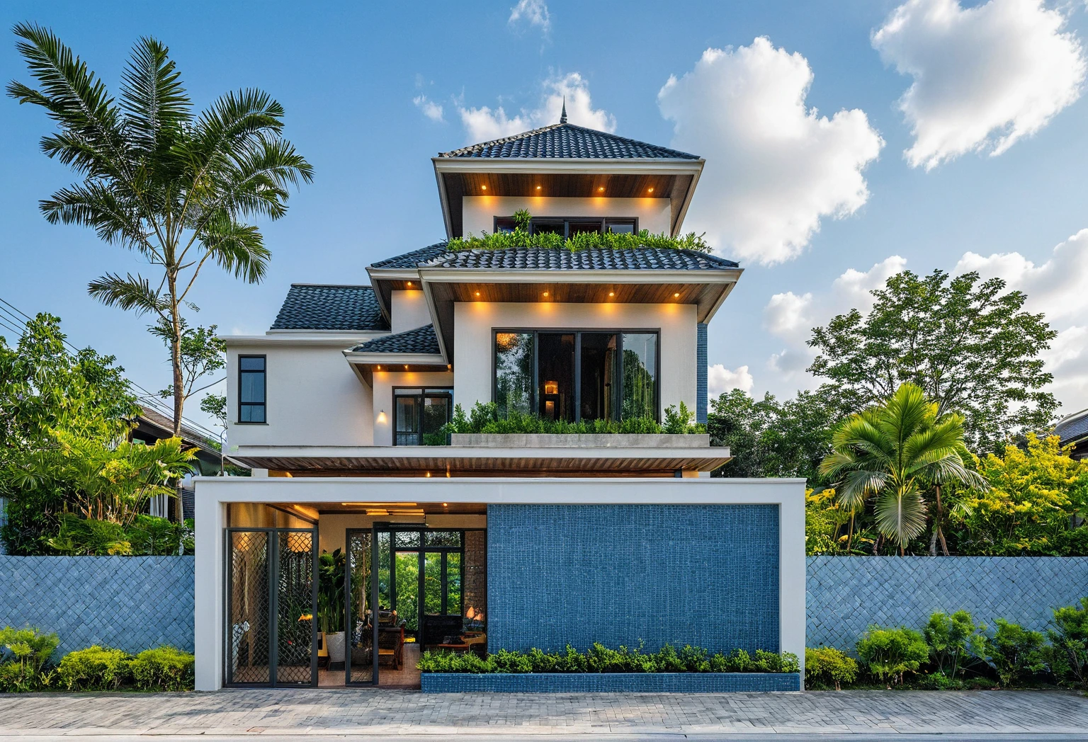 Raw photo, Masterpiece, high quality, best quality, authentic, super detail, outdoors, house style modern on the street , a traditional single-story Thai-style house, large glass window and at the first floor, blue tile roof, white wall, pavement, grass, trees, tropical plants, clear sky, cloud, (nature light), (daylight:1.2)