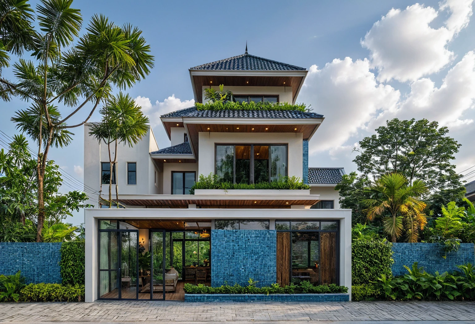 Raw photo, Masterpiece, high quality, best quality, authentic, super detail, outdoors, house style modern on the street , a traditional single-story Thai-style house, large glass window and at the first floor, blue tile roof, white wall, pavement, grass, trees, tropical plants, clear sky, cloud, (nature light), (daylight:1.2)