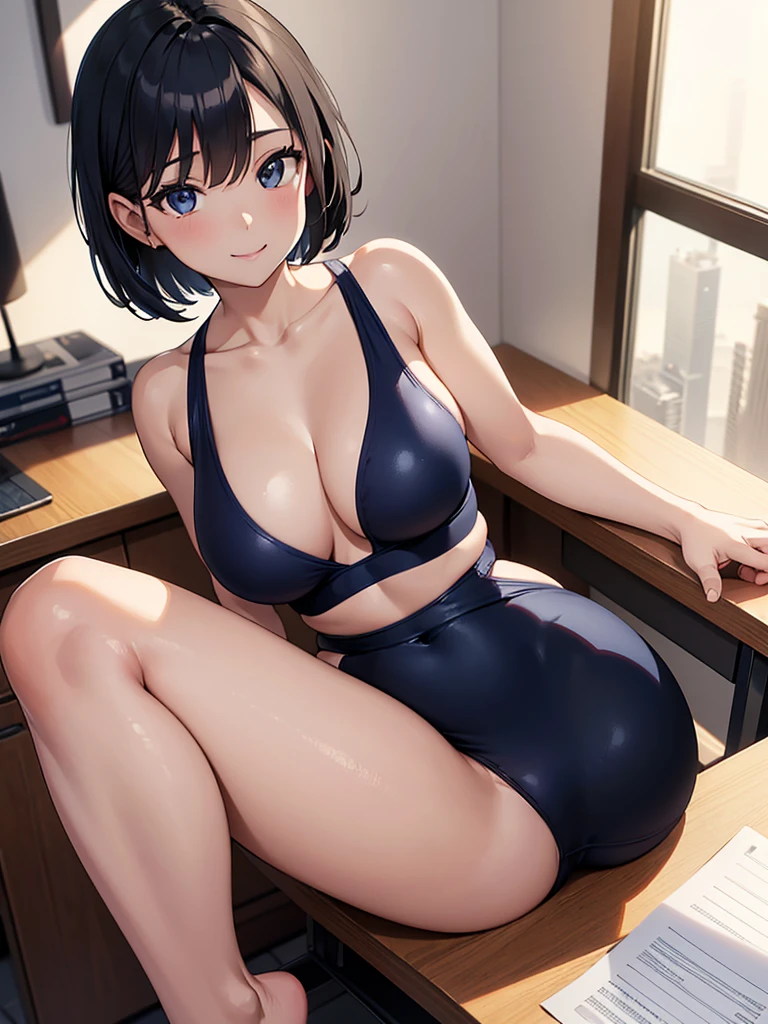 masterpiece, best quality, high definition images, atmospheric perspective, expressive eyes, perfect face, ultra detailed, solo, 1mature seductive woman sitting down in a carelessly sprawled on desk, alluring pose, black short bob hair, navy competition swimsuit, spread legs, curvy, thighs, calm smile, in study room,