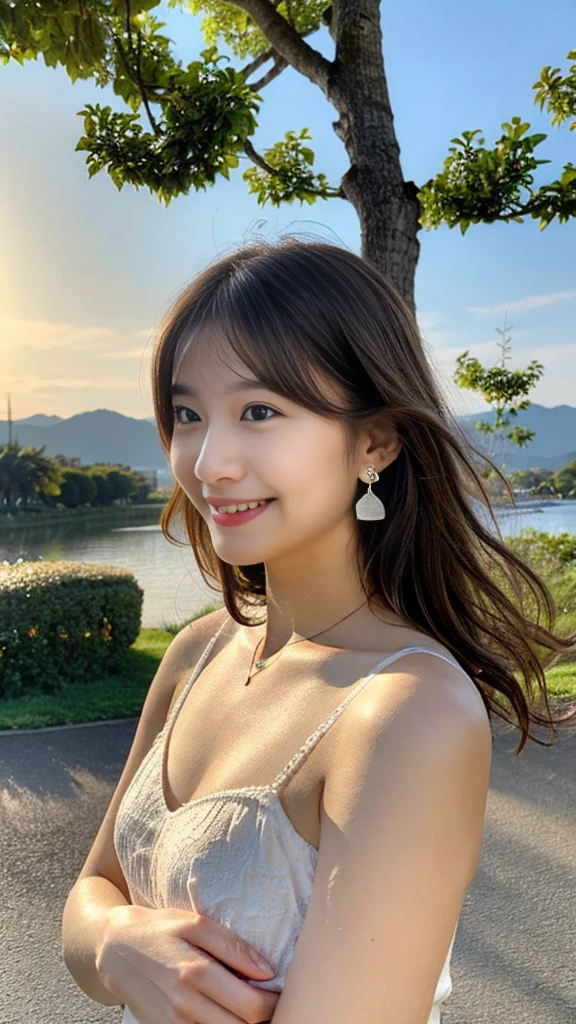 ((Clear photos、Realistic texture、Surreal:1.25))、(Highest quality、high resolution、High resolution、masterpiece、8K:1.2)、solo、One Woman、Very cute face、18 year old Japanese female、age girl、Female college student、Japanese Model、Beautiful woman、 woman wearing a micro bra、Wearing micro panties、A delicately patterned brush、Pastel green bra:1.3)、Narrow Face、Detailed face、Realistic skin texture、A ruddy face、slightly blushing face、Glowing Skin、A kind smile、Smiling face、Detailed eyes、Dark brown eyes、Thin eyebrows、Detailed lips、Glossy lips、Beautiful teeth alignment、Beautiful neck、Beautiful clavicle、Nice earrings、Simple design necklace、Tiffany Necklace、Semi-long hair、Dark brown hairstyle with loose waves、Detailed Hair、Perfect proportions、Anatomically correct、Thin arms、Narrow waist、Beautiful feet、Medium breast、Average bust size、Shapely breasts、C cup bust、Beautiful cleavage、Wearing high heels、Height: 162cm、(RAW Photos、Professional photos、Ultra-detailed photos:1.1)、A very beautiful sunset、Magic Hour、Japanese countryside、Rural landscape with mountains and a river in the background、Japanese countrysideに立っている女性、Autumn evening