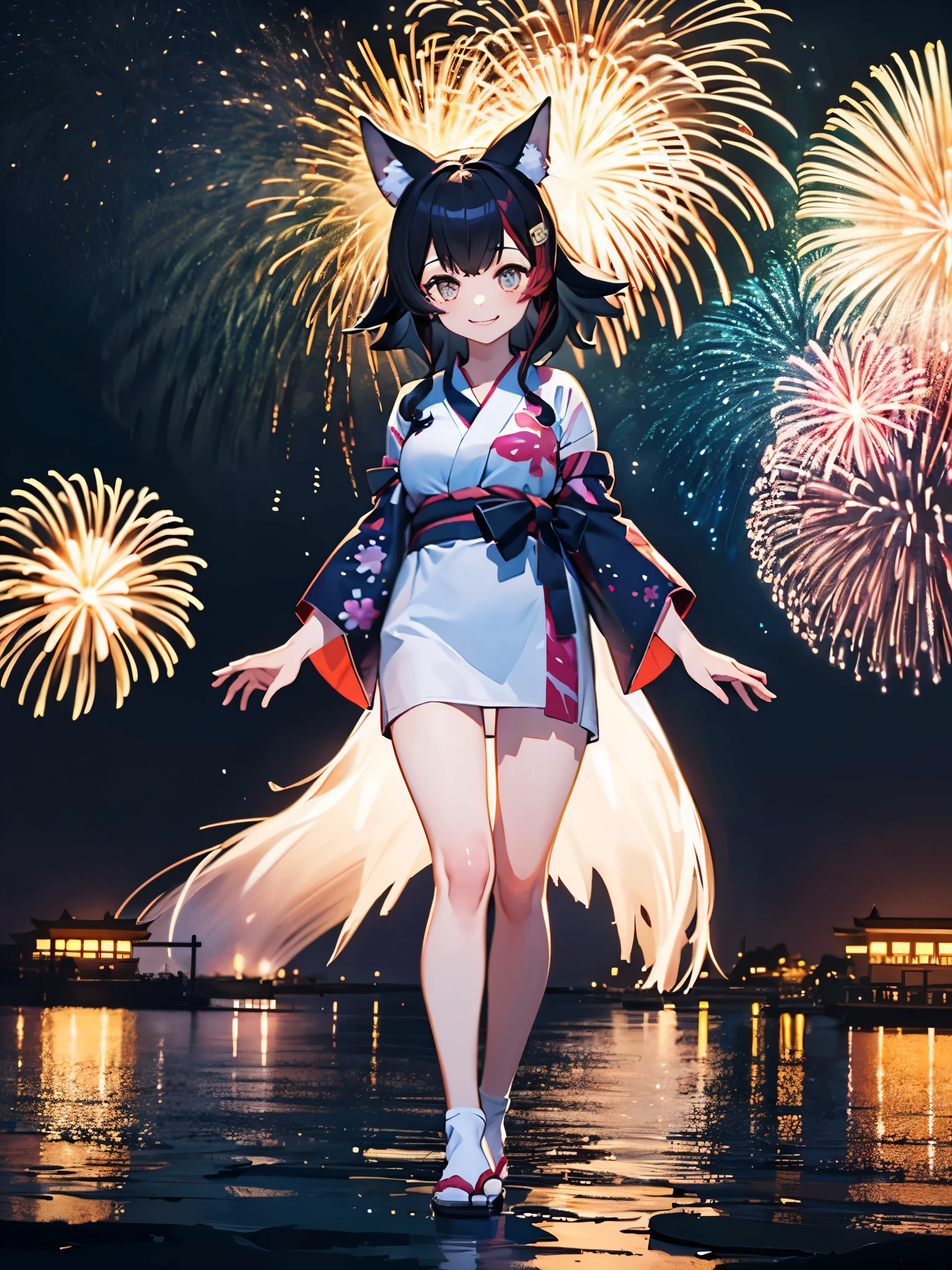 (masterpiece, Highest quality, Super detailed),One girl,((super fine illustration)),((cute eyes,highly detailed skin)),((smile)),(well endowed,Blessed,Captivating body、Detailed Background)、(yukata:1.5),firework,(大量のfirework,Night view,Ocean)、Festivals, miosha1, full body