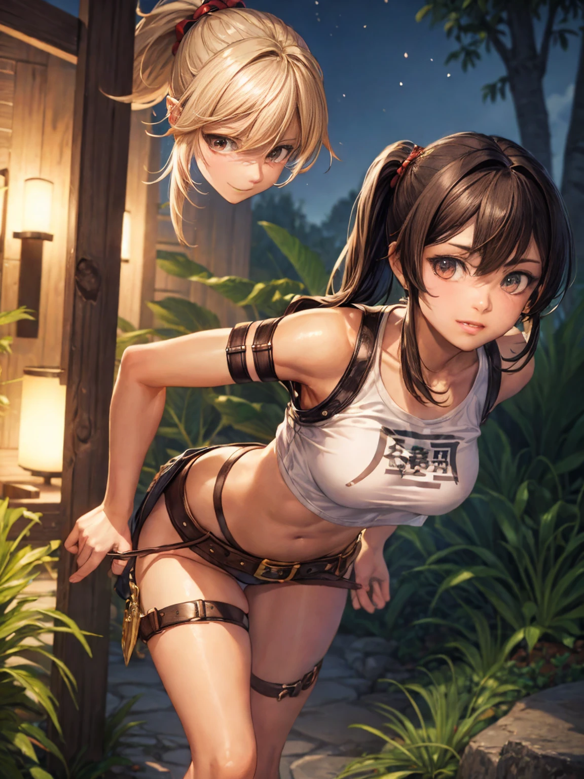 Young girl, tanned skin, short brown ponytail, golden eyes, no breasts!!!, smiling, leather harness, white sleeveless t-shirt!!!, black fabric short, leather belt, sword sheathed on right hip, walking on a path land, forest, night!!! (Best quality)