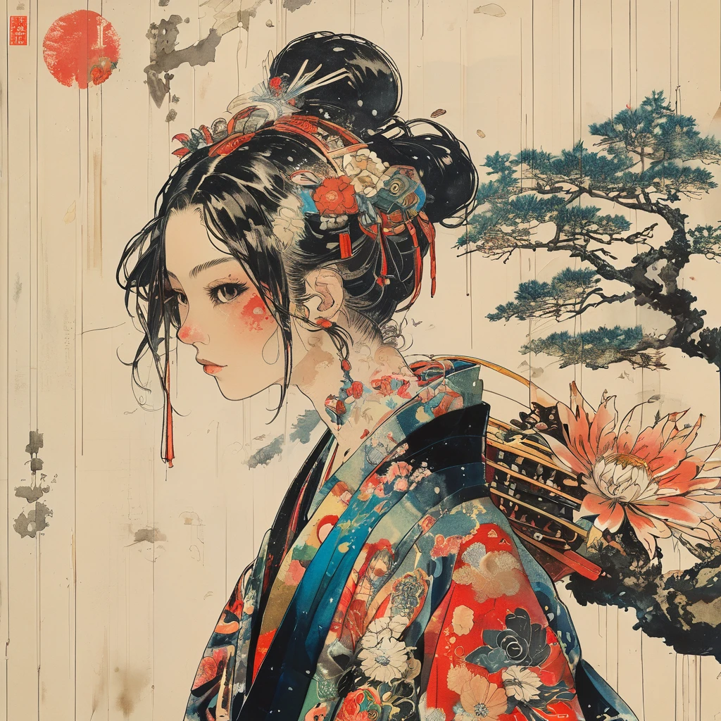 A vibrant and colorful illustration of an anime-style female samurai character with white hair, holding her sword in front of her face. She is wearing traditional Japanese adorned with floral patterns, a backdrop filled with colorful patterns representing ancient symbols and floral motifs. The background is richly detailed with geometric shapes that add depth to their figure's presence., creating a whimsical atmosphere. The background features bold colors and intricate designs that add to the overall visual appeal. This artwork showcases vivid hues, intricate details on both attire and armor, capturing movement as she walks forward in the style of intricate details on both attire and armor, capturing movement as she walks forward,  in the style of  takato yamamoto    , 