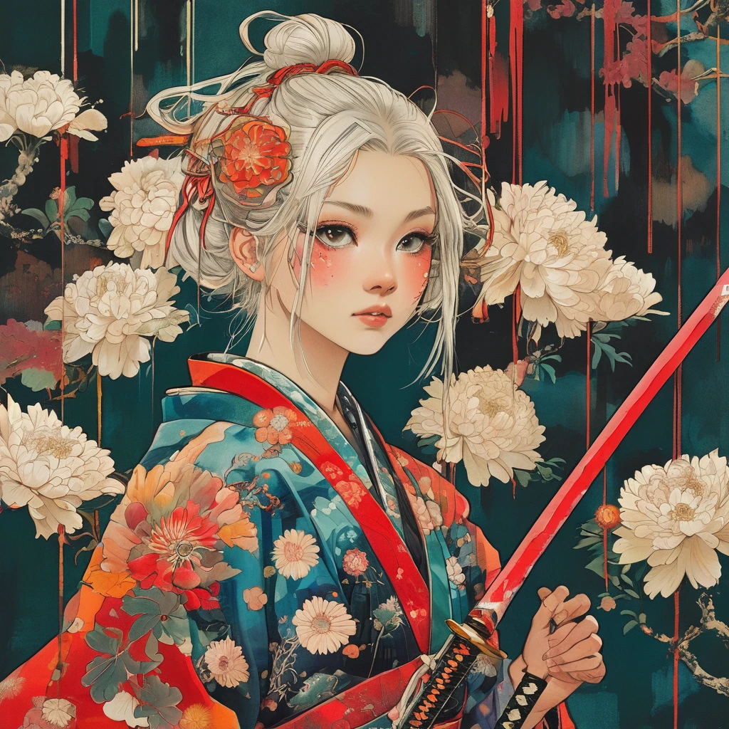 A vibrant and colorful illustration of an anime-style female samurai character with white hair, holding her sword in front of her face. She is wearing traditional Japanese adorned with floral patterns, a backdrop filled with colorful patterns representing ancient symbols and floral motifs. The background is richly detailed with geometric shapes that add depth to their figure's presence., creating a whimsical atmosphere. The background features bold colors and intricate designs that add to the overall visual appeal. This artwork showcases vivid hues, intricate details on both attire and armor, capturing movement as she walks forward in the style of intricate details on both attire and armor, capturing movement as she walks forward,  in the style of  takato yamamoto    , 