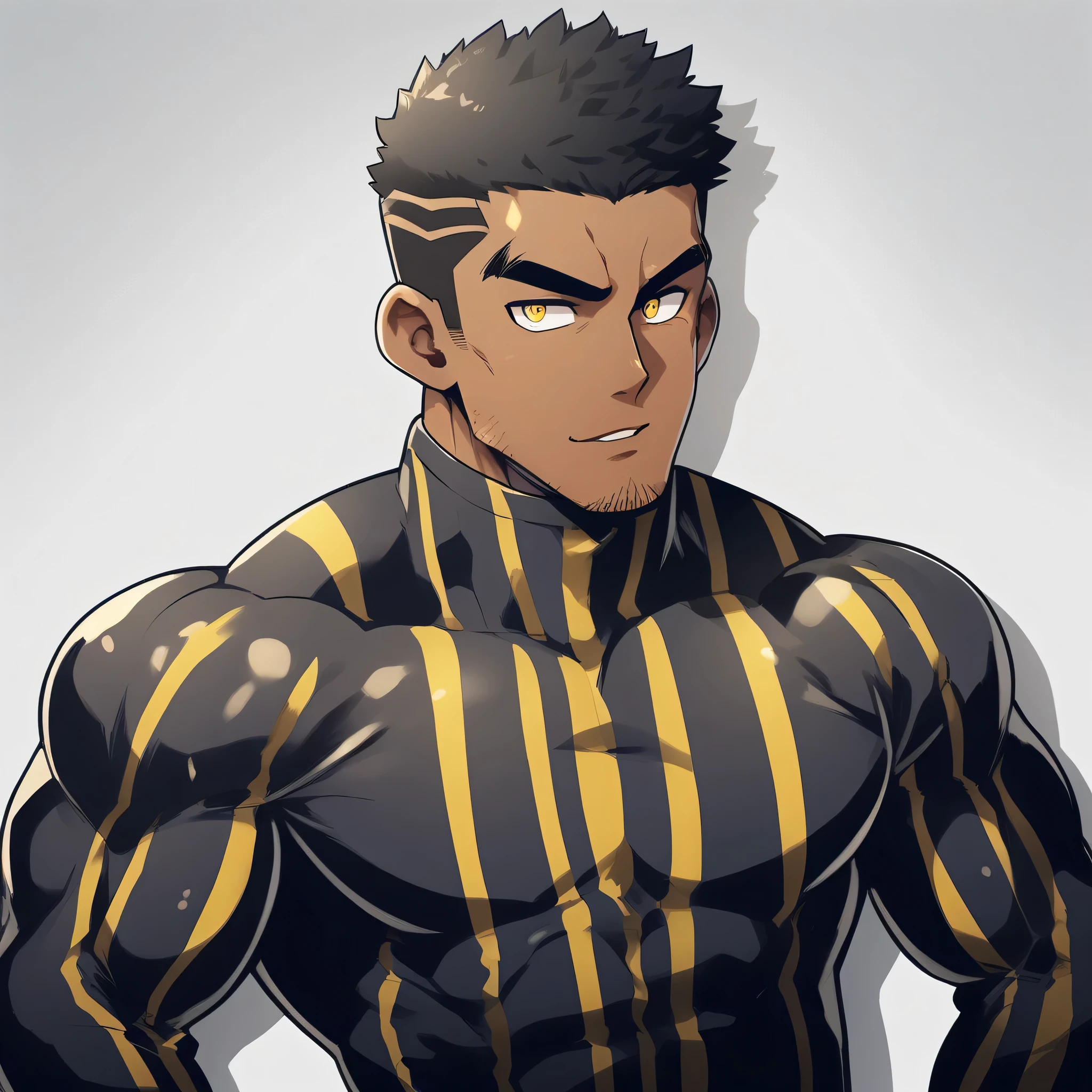 anime characters:Tights superhero, Muscle Sports Student, negro black skin, 1 dark skin muscular tough guy, Manliness, male focus, Yellow and black striped high collar long sleeve tight T-shirt, Slightly transparent material, Very tight, Round, full and perky chest muscles, Slightly transparent, muscular male, muscular, only, Upper body, alone, Black short hair, Thick eyebrows, stubble, Yellow eyes, Grey background, simple background, amazing quality, best aesthetics, Ridiculous, bright pupils, crew cut, parted lips, seductive smile, torogao, naughty face, drop shadow, best quality