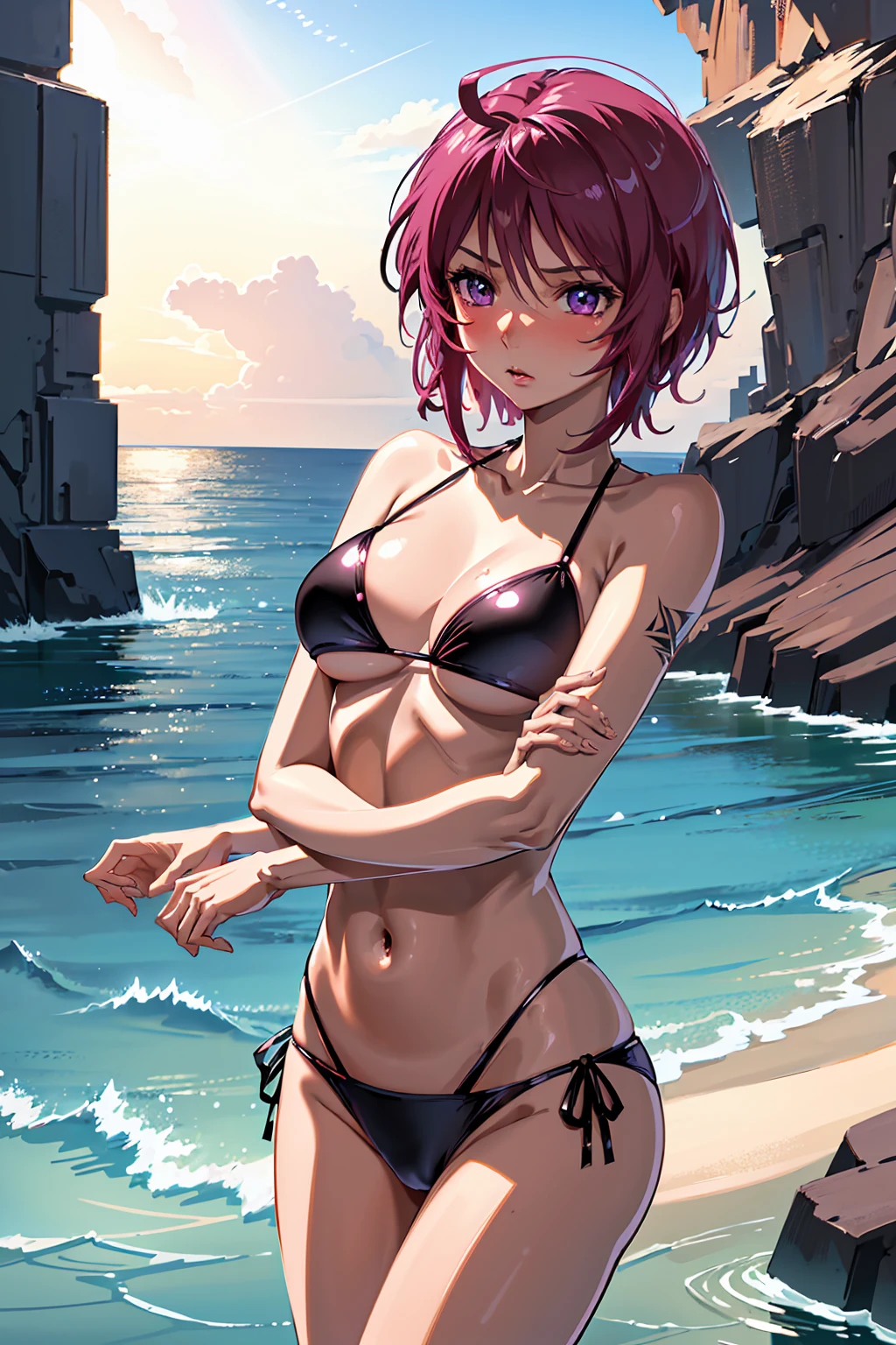1girl, solo, animal ears, pose, happy, smiling, fangs, purple bear ears, purple hair, ahoge, bangs, short hair, original character, pink eyes, magenta eyes, red eyes, multicolor eyes, short hair, wavy hair, swept bangs, small breasts, flat chest, bear ears, tired, sleepy, bags under eyes, beauty mark, young, , short eyebrows, beach background, pale, swimsuit, tropical, summer, scenery, beautiful, 10k ultra hd, beach, island, sunny, water, swimming, wet, sweat, sweaty, wet hair, sunglasses, chubby, stomach, belly