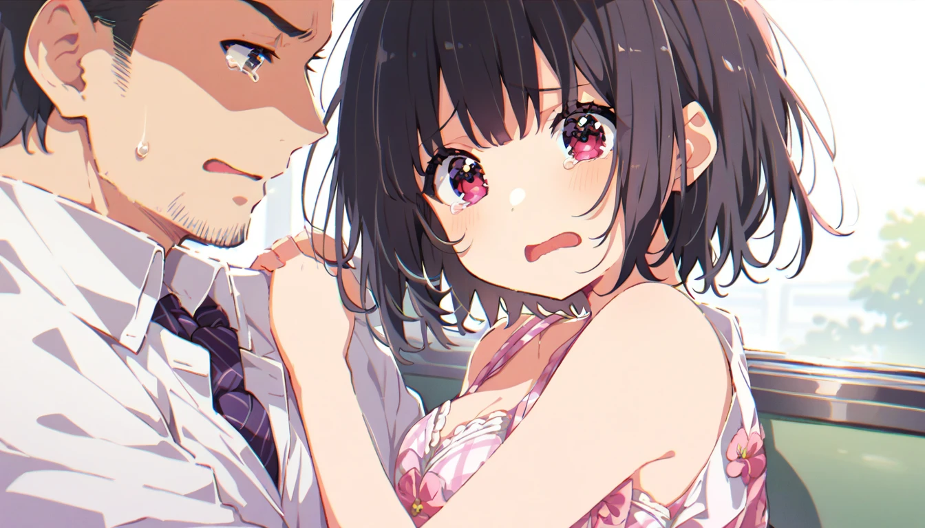 A naked middle-aged man is standing facing a cute girl with modest pubic hair and black bob hair, who is trying to escape with her eyes wide open and crying, trying to escape, embracing and forcibly kissing her、classroom