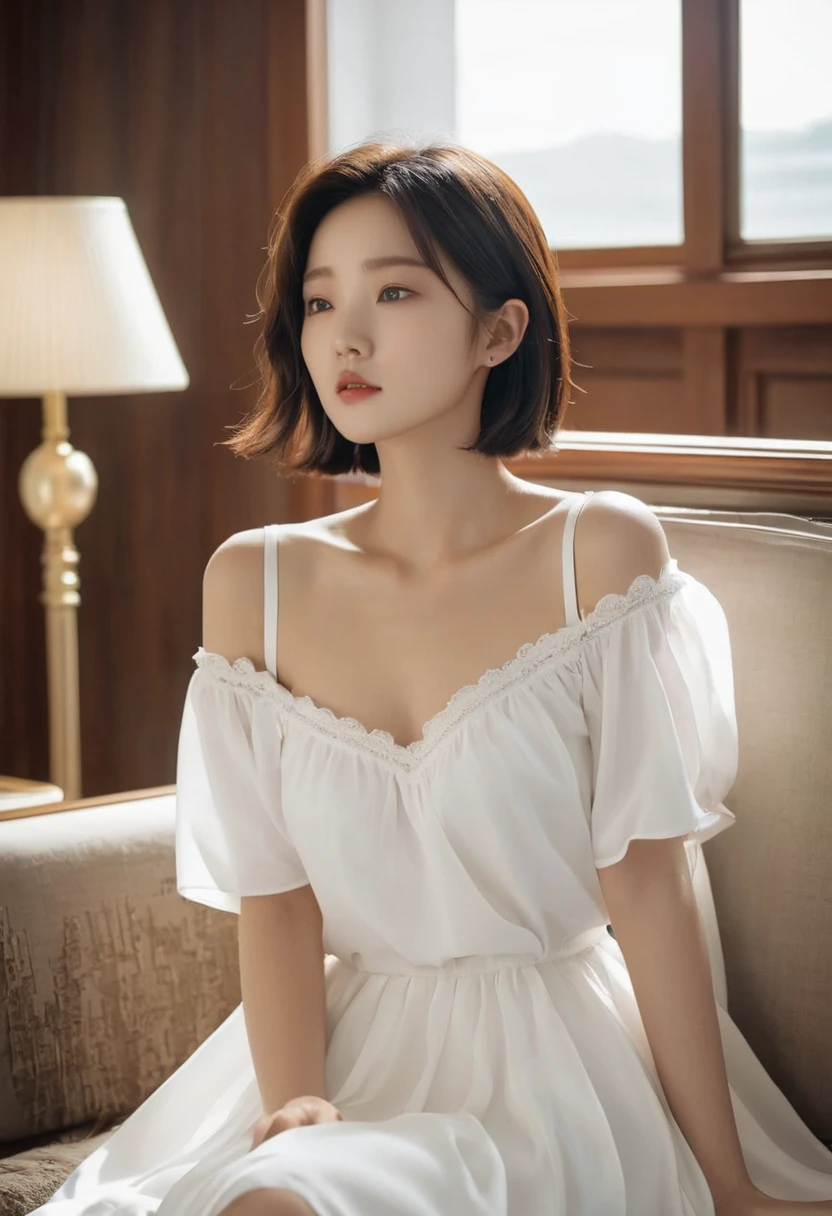 Comfortable everyday look, woman in white dress, living room, chest 27, Inspired by Jiwon Kim, jiyun chae, inspired by Russell Lu Dongjun, Song inspired by Gao Qipei, by Russell Lu Dongjun, Inspired by Shin Min-jeong., /Short hair