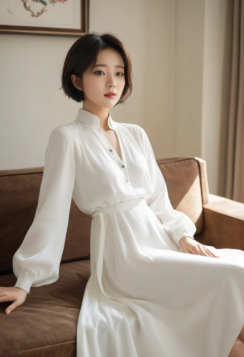 Comfortable everyday look, woman in white dress, living room, chest B, Inspired by Jiwon Kim, jiyun chae, inspired by Russell Lu Dongjun, Song inspired by Gao Qipei, by Russell Lu Dongjun, Inspired by Shin Min-jeong., /Short hair
